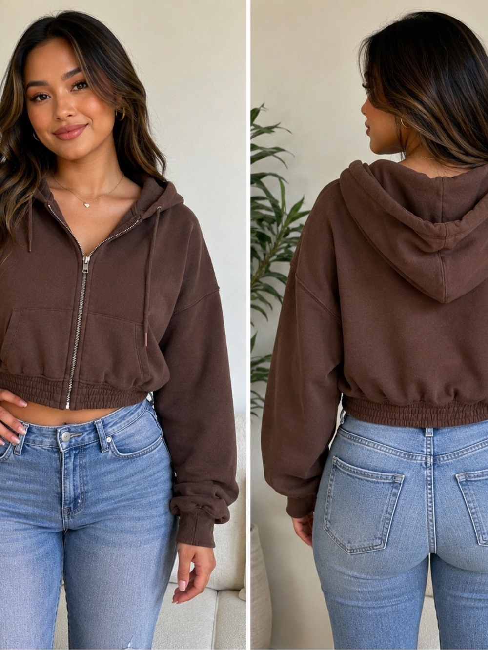 Better Together Brown Cropped Zip-Up Hoodie Jacket | Size Large